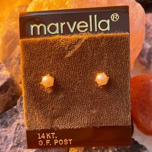 NWT Vintage Marvella Faux White Pearl 14K gold filled post stud earrings
